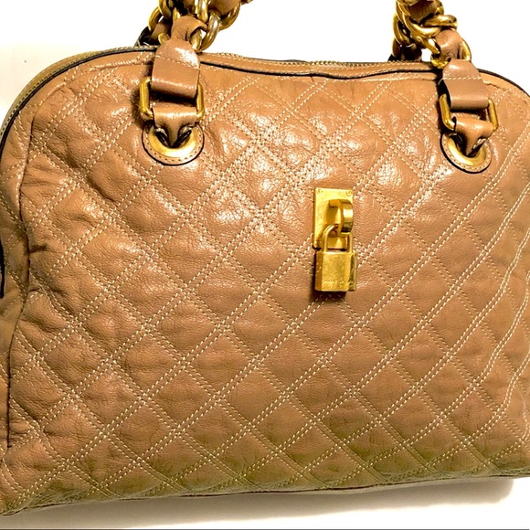 Marc Jacobs Tan Quilted Leather Tote Shoulder Bag Purse Gold Chain